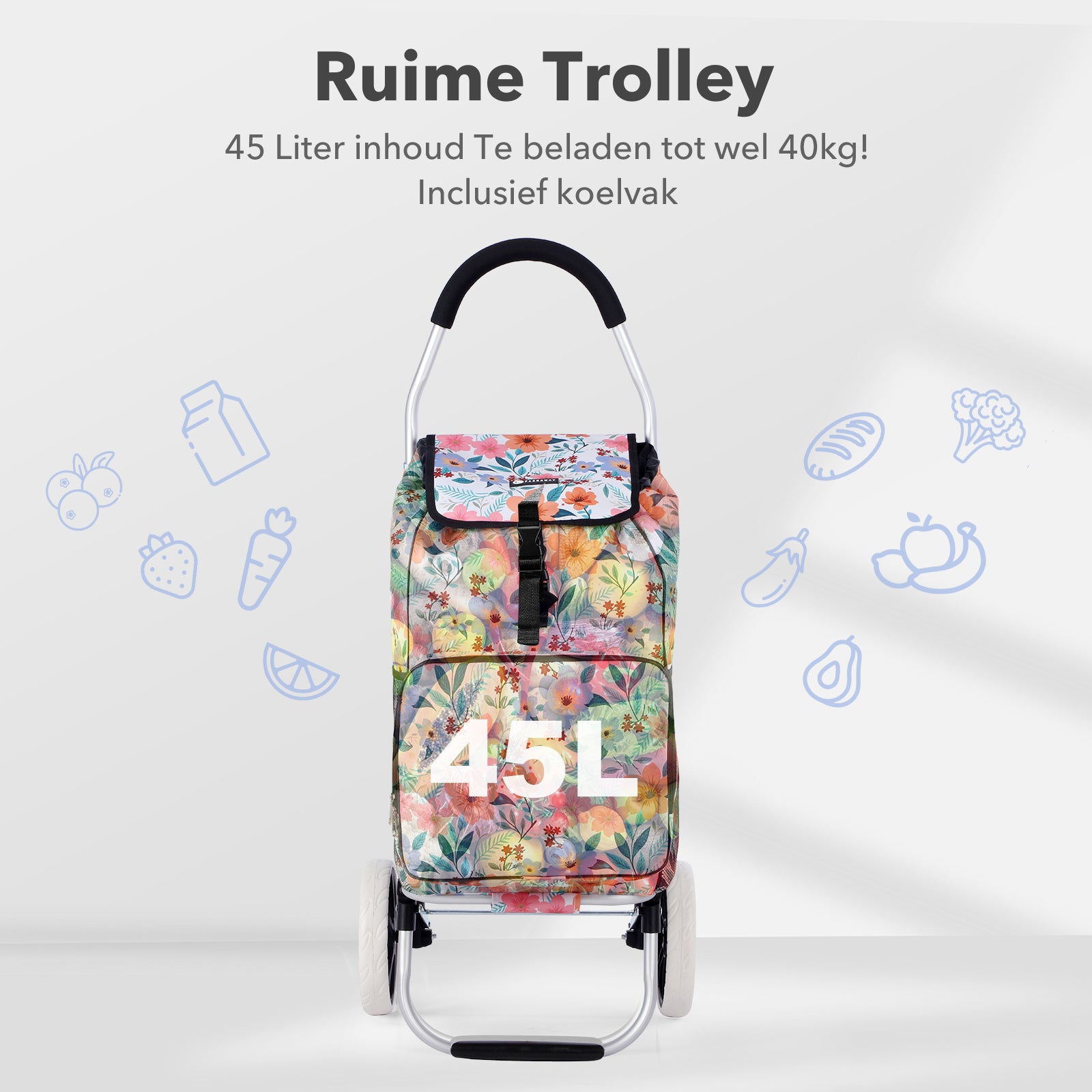 Packaway Boodschappentrolley 45L met Koelvak - Boodschappenwagen met Grote Wielen - Steekwagenfunctie - Waterafstotend - Pastel Blossom
