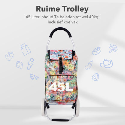 Packaway Boodschappentrolley 45L met Koelvak - Boodschappenwagen met Grote Wielen - Steekwagenfunctie - Waterafstotend - Pastel Blossom