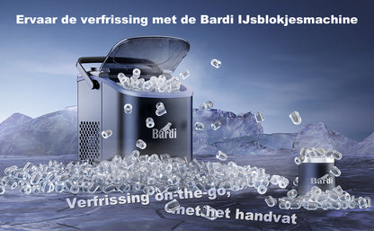 Bardi Deluxe IJsblokjesmachine 1,2L zwart - Zelfreinigingsfunctie - ijsblokmaker met ijsschep - Incl. luxe thermosbeker en ijsschep