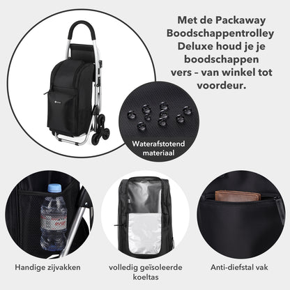 Packaway 35L Boodschappentrolley met 6 Wielen voor Trappen - Klapstoel Functie - Steekwagen Functie - Geïsoleerd - Afneembare Rugzak - Zwart