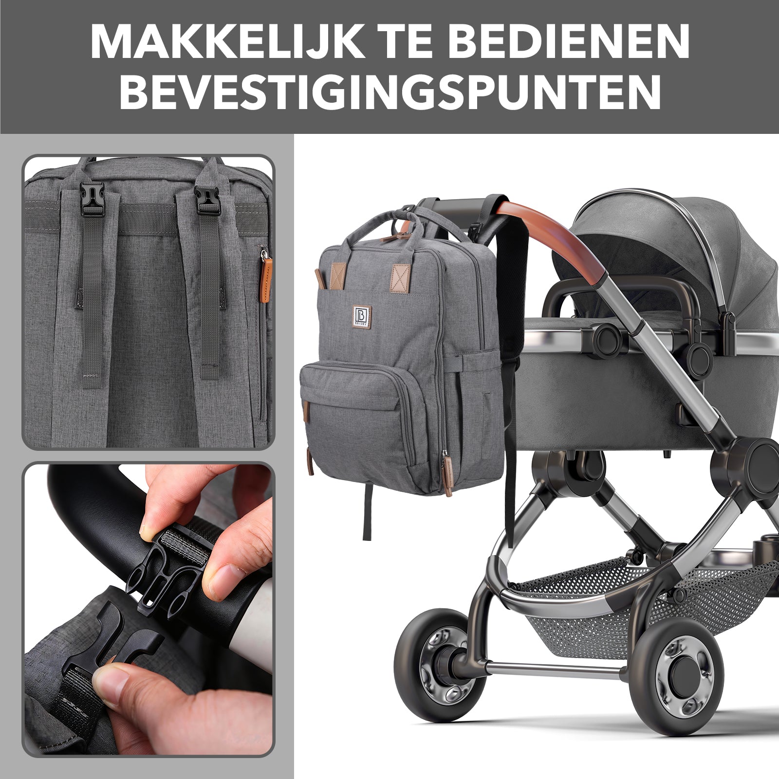 Brisby Luiertas original donkergrijs - incl. buggymontage en verschoningsmat