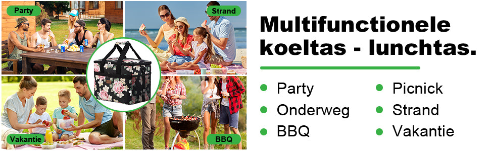 Koeltas 30L black flower - lunchtas - opvouwbaar - 4-laags geïsoleerd - incl. 4 gratis koelelementen en draagband