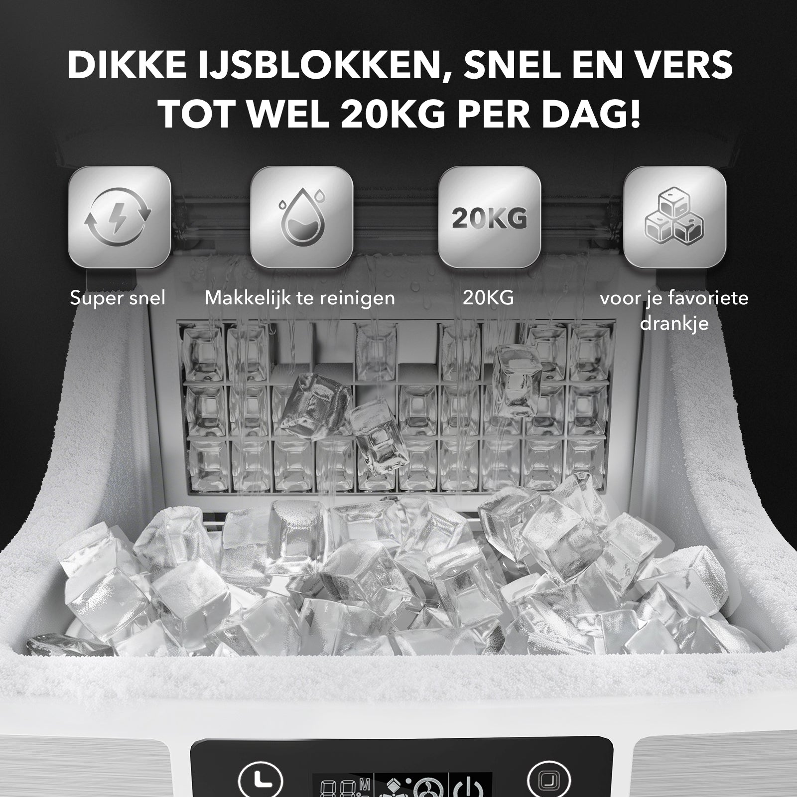 Bardi 3,2L Deluxe IJsblokjesmachine - Vierkante IJsblokmaker - LCD Display - 20Kg/24 uur. inclusief Thermosbeker en IJsschep- RVS met citruspers RVS
