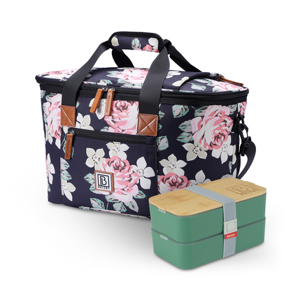 Koeltas 21L zwarte bloemen - GRATIS mealbox - boodschappentas - 4-laags geïsoleerd - incl. 2 gratis koelelementen en schouderband