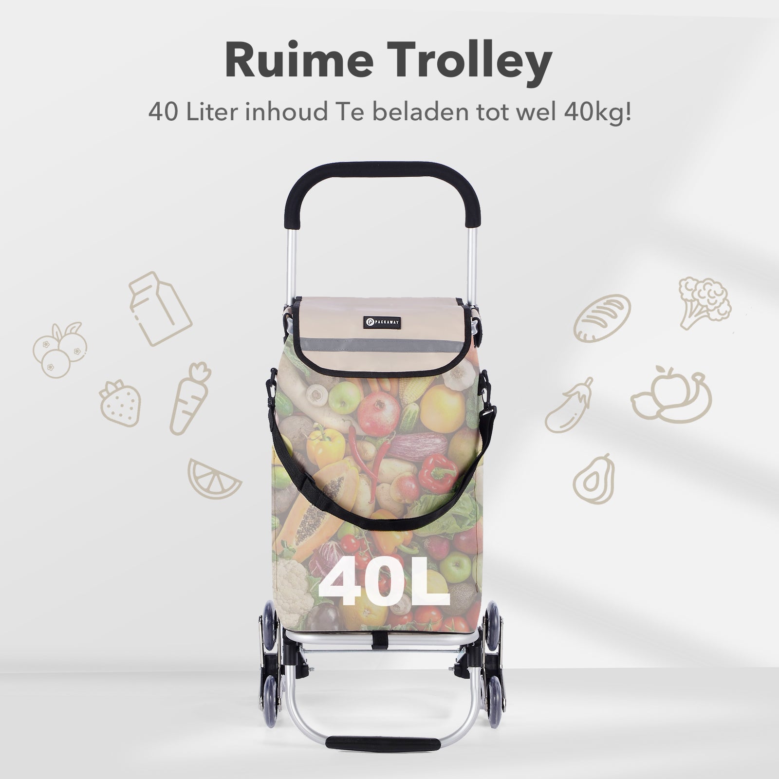 Packaway Boodschappentrolley met 6 Wielen voor Trappen - 40L - Boodschappenwagen - Steekwagen Functie - Champagne