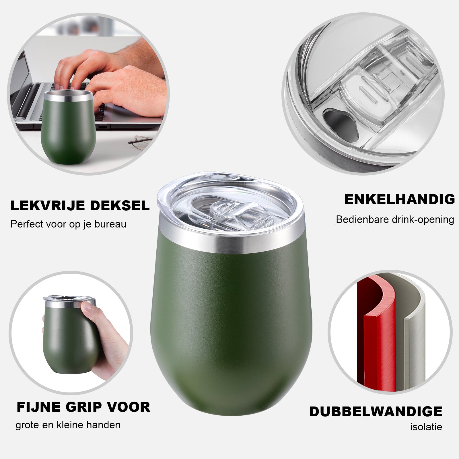 Thermosbeker set groen - 2 bekers met lekvrije deksels - dubbelwandig - 360ml