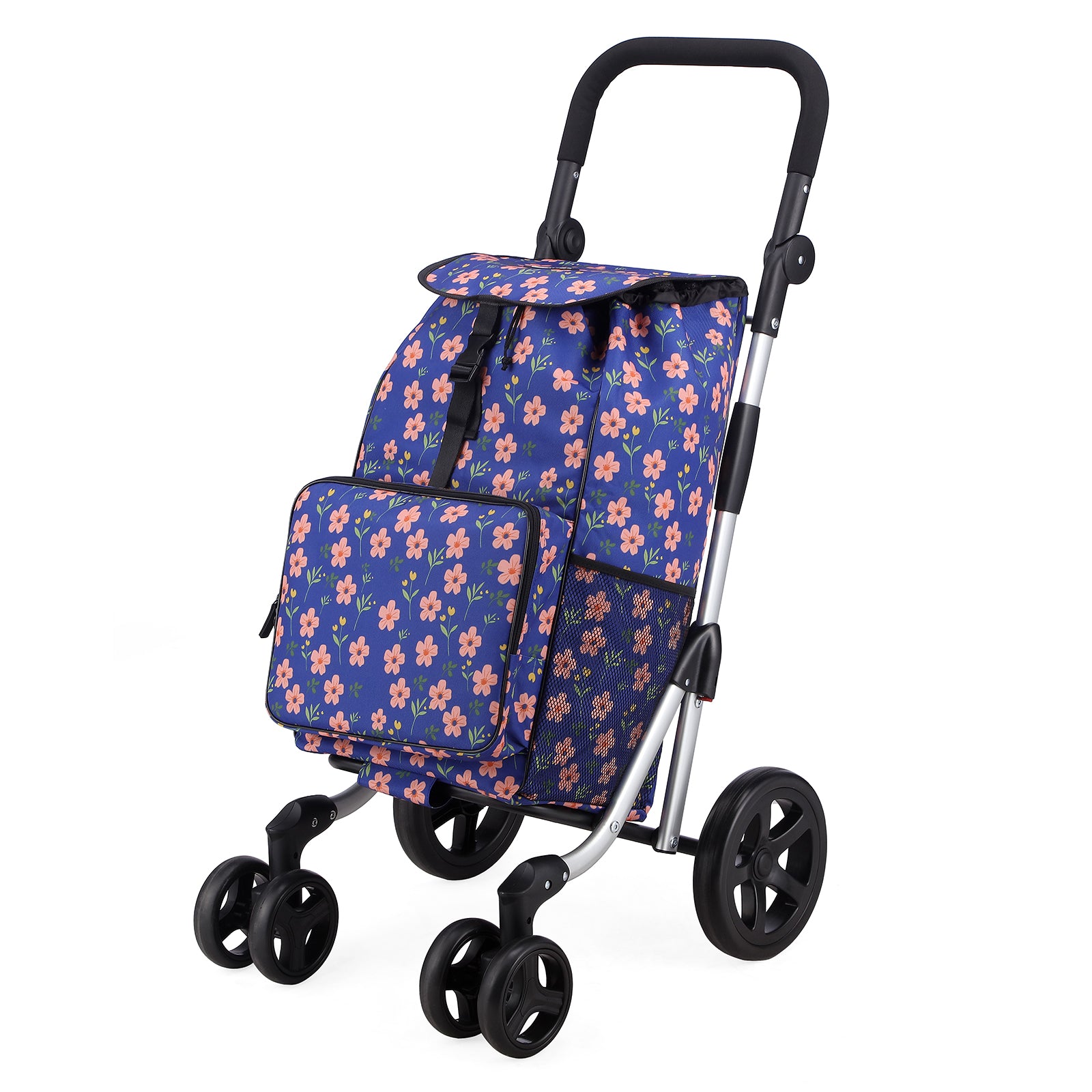 Packaway Boodschappentrolley met 4 wielen - boodschappenwagen deluxe met koelvak en verstelbaar handvat – 60 liter – Blue Blossom