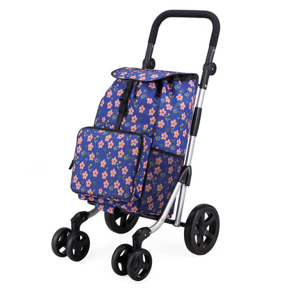 Packaway Boodschappentrolley met 4 wielen - boodschappenwagen deluxe met koelvak en verstelbaar handvat – 60 liter – Blue Blossom