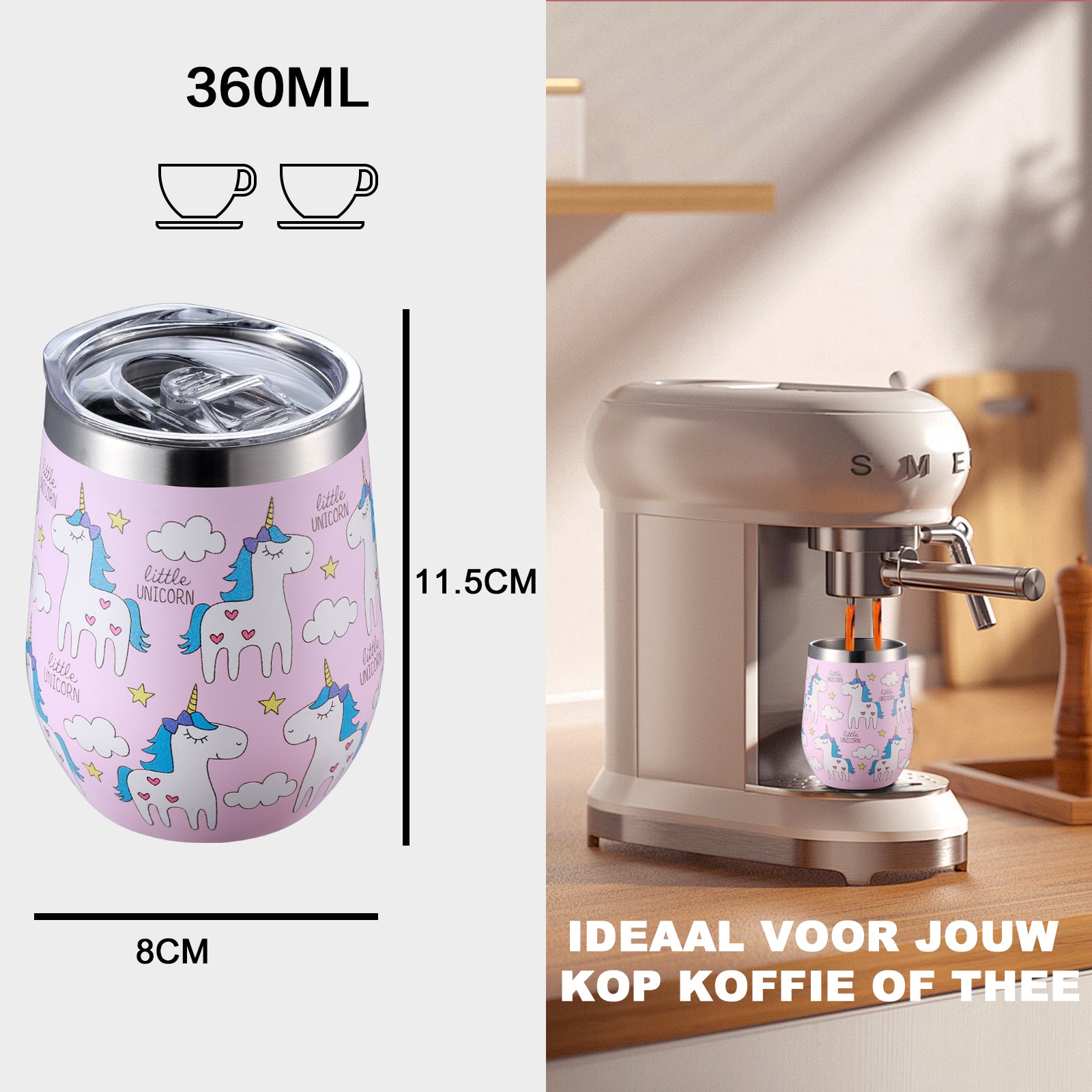 Thermosbeker set unicorn - 2 bekers met lekvrije deksels - dubbelwandig - 360ml