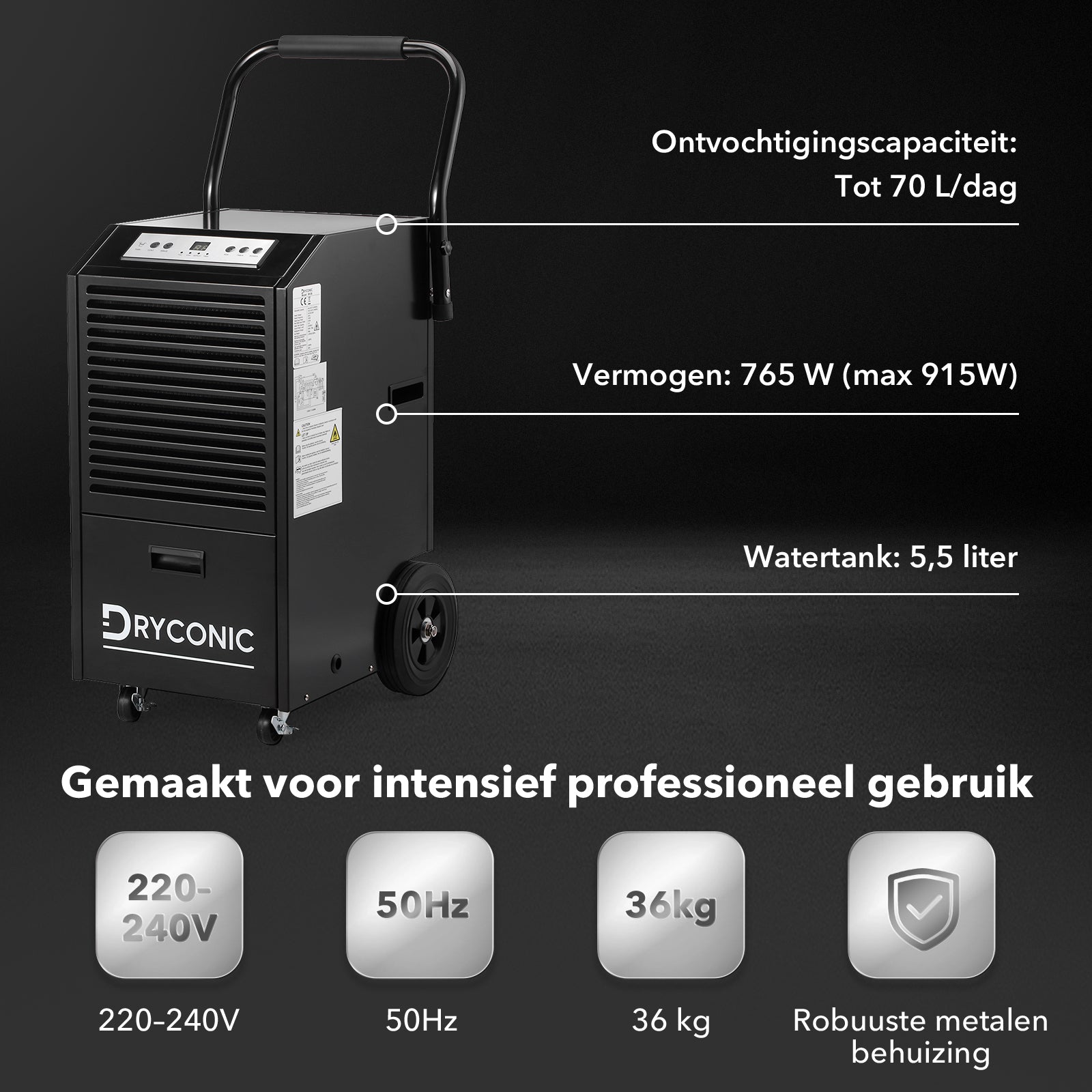 Dryconic Bouwdroger 70L - professioneel - 5,5L watertank - ContinuousDrain - Auto-Defrost - JobSite metaal