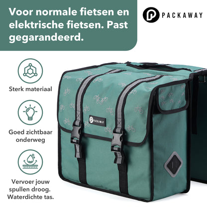 Packaway Dubbele Fietstassen 36L patroon zwart groen - waterdicht - reflectie