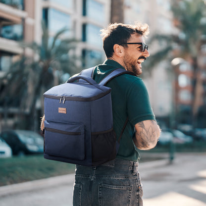 Koeltas rugzak 25L blauw - Waterafstotend - anti diefstal vak - 4 laags geïsoleerd - Incl. 2 gratis koelelementen en gratis flessenopener