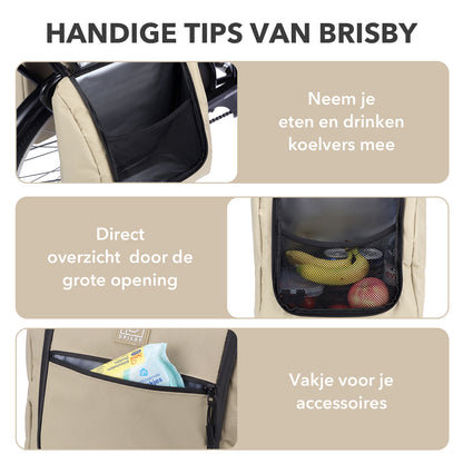 Brisby Dubbele Fietstas 28 Liter – Koeltas en Lunchtas – 4-laags Geïsoleerd – Voor Gewone en Elektrische Fiets – Waterafstotend met Waterdichte Ritsen – Natural Champagne
