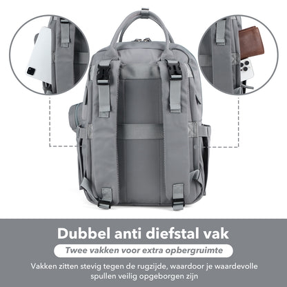 Brisby Premium Luiertas – Uitgebreide en Functionele Verzorgingstas – met buggymontage – Anti Diefstal Vakken - Reistrolley Sleeve - Inclusief verschoonmatje t.w.v.15,99 euro en speenhouder - Levenslange Garantie - Misty Grey