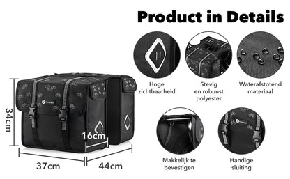 Packaway Double Panniers - Waterproof Panniers Electric Bike - Reflective - Bike Pattern Black 36 Liters