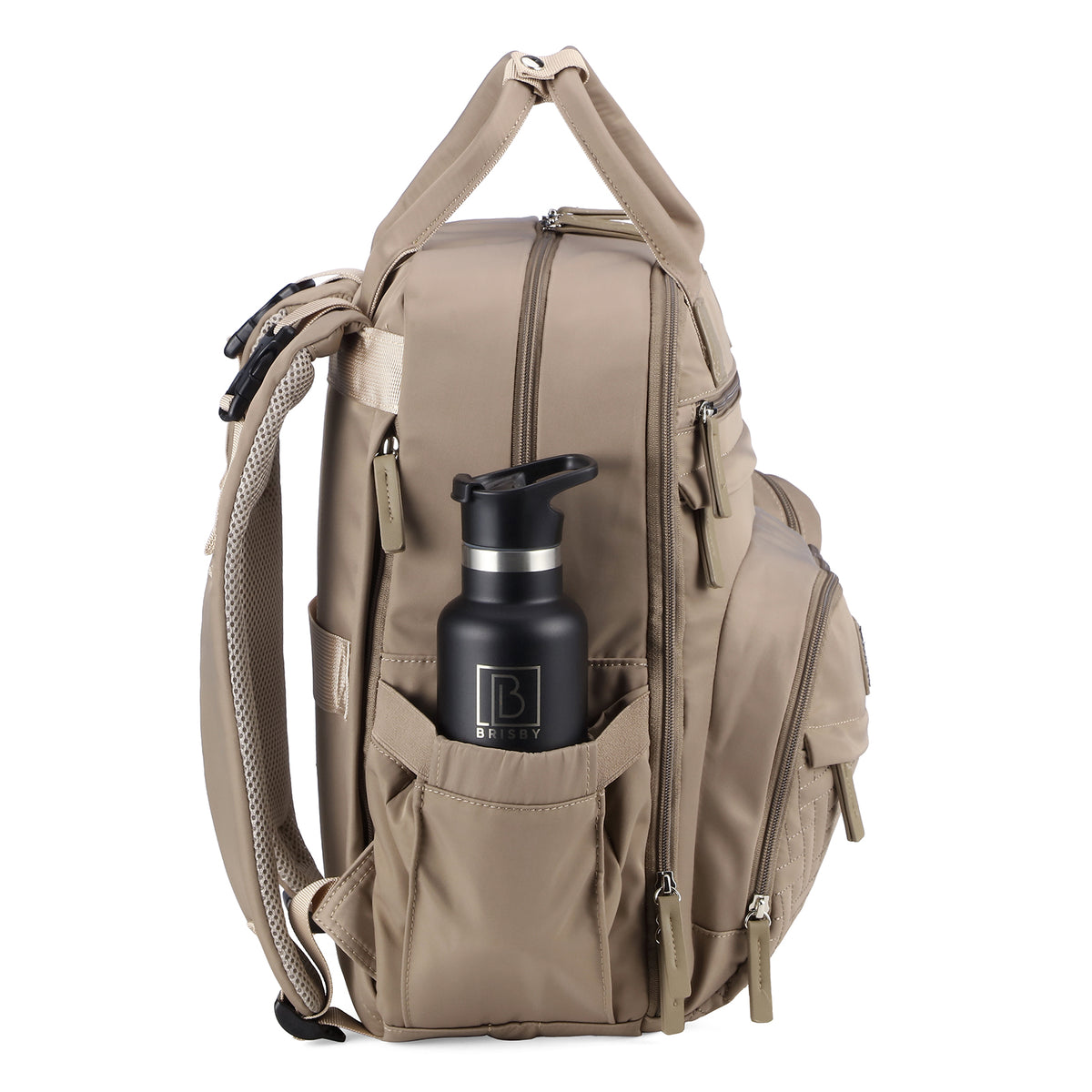 Brisby Premium Luiertas – Uitgebreide en Functionele Verzorgingstas – met buggymontage – Anti Diefstal Vakken - Reistrolley Sleeve - Inclusief verschoonmatje t.w.v.15,99 euro en speenhouder - Levenslange Garantie - Natural Greige