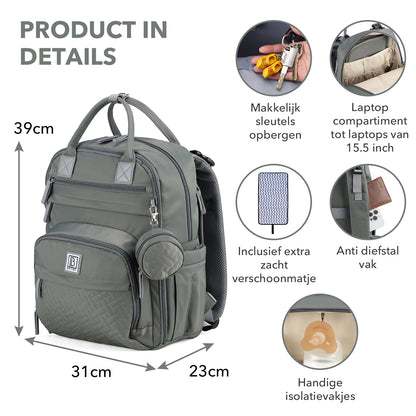 Brisby Premium Luiertas – Uitgebreide en Functionele Verzorgingstas – met buggymontage – Anti Diefstal Vakken - Reistrolley Sleeve - Inclusief verschoonmatje t.w.v.15,99 euro en speenhouder - Levenslange Garantie - Misty Green