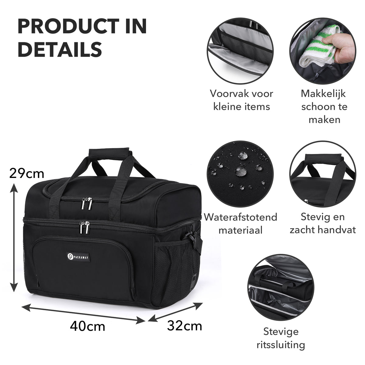 Packaway Koeltas 30L - Lunchtas - Inclusief 4 Koelelementen - Dubbel Compartiment - 4-Laags Geïsoleerd - Waterafstotend - Signature Black