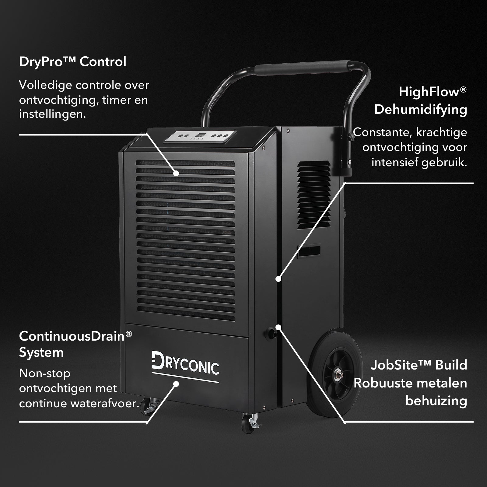 Dryconic Bouwdroger 90L - Professionele luchtontvochtiger - ContinuousDrain® - Auto-Defrost - JobSite™ metalen behuizing - Extra grote luchtinlaat