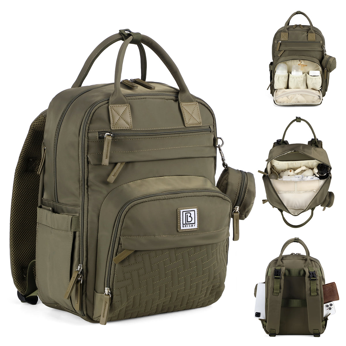 Brisby Premium Luiertas – Uitgebreide en Functionele Verzorgingstas – met buggymontage – Anti Diefstal Vakken - Reistrolley Sleeve - Inclusief verschoonmatje t.w.v.15,99 euro en speenhouder - Levenslange Garantie - Olive Green