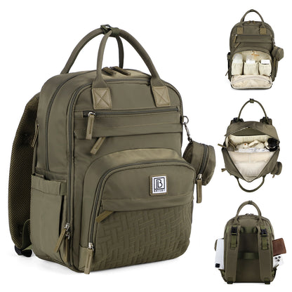 Brisby Premium Luiertas – Uitgebreide en Functionele Verzorgingstas – met buggymontage – Anti Diefstal Vakken - Reistrolley Sleeve - Inclusief verschoonmatje t.w.v.15,99 euro en speenhouder - Levenslange Garantie - Olive Green