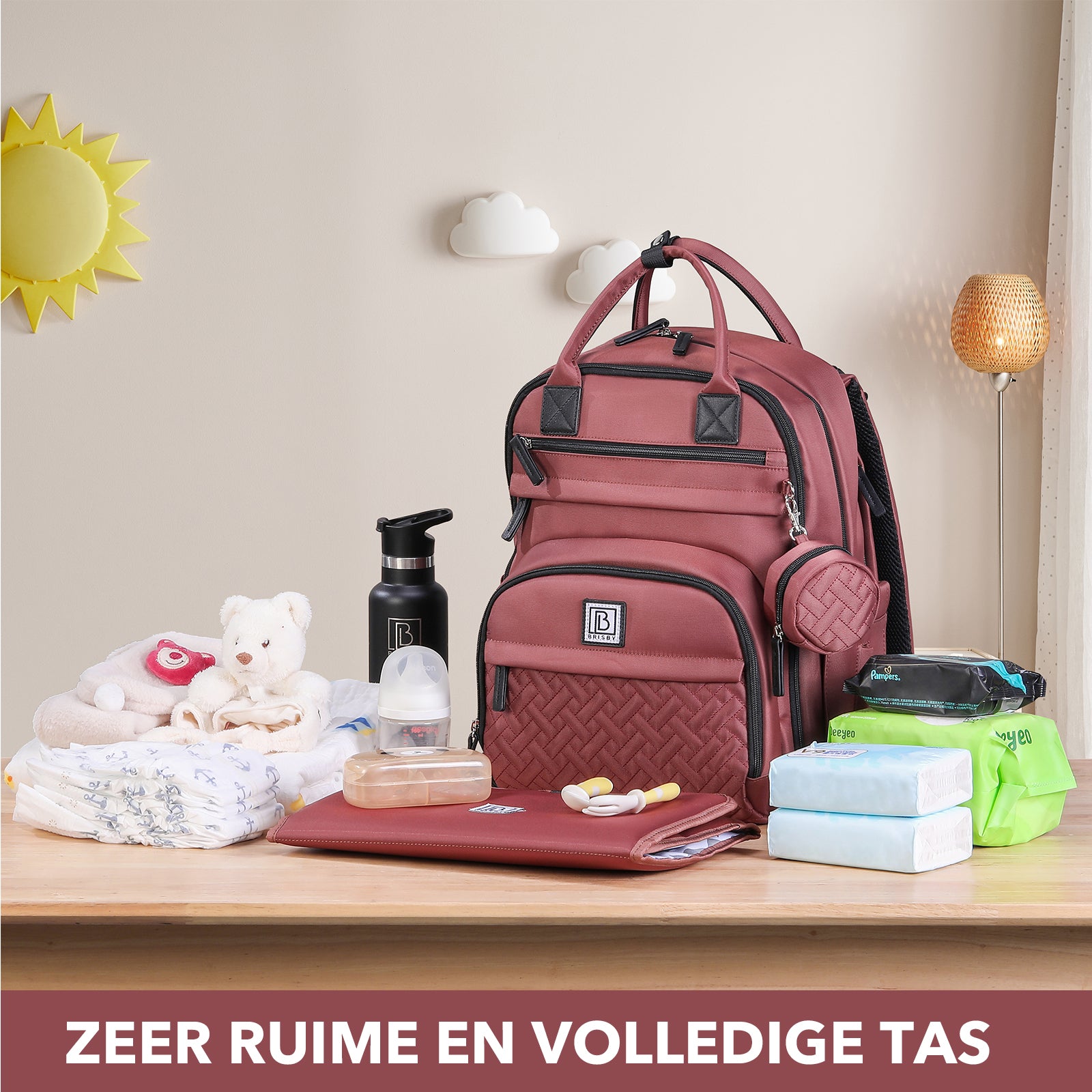 Premium luiertas rood - uitgebreide en functionele verzorgingstas - met buggymontage - anti diefstal vakken - reistrolley sleeve - incl. verschoonmatje en speenhouder - levenslange garantie