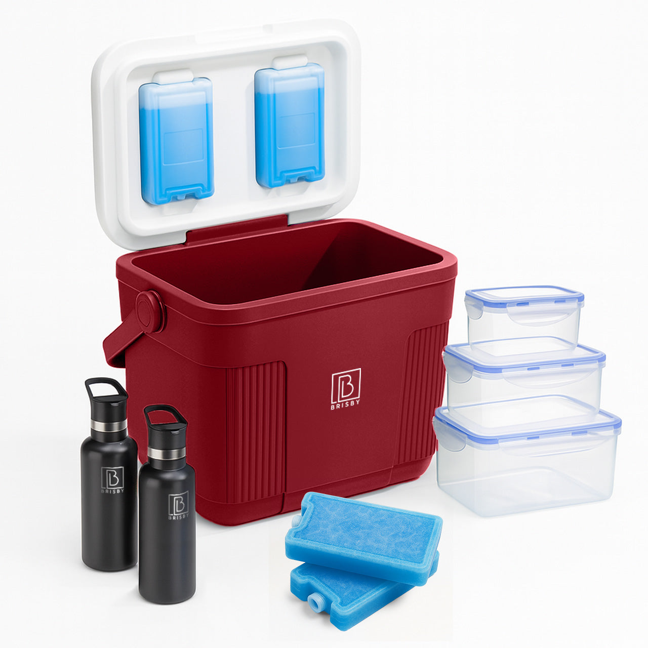 Koelbox 22L rood SET - Tot maximaal 40 uur isolatie - incl. 4 450ml koelelementen, 2 zwarte 500ml thermosflessen en 3-delige set vershoudbakjes