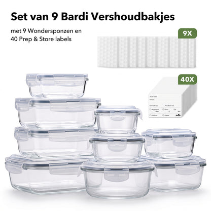Bardi Glazen Vershoudbakjes 9-delig – Meal Prep Bakjes – Luchtdicht & Lekvrij – Oven, Magnetron & Vriezer – 9 Wondersponzen + 40 Prep & Store Labels