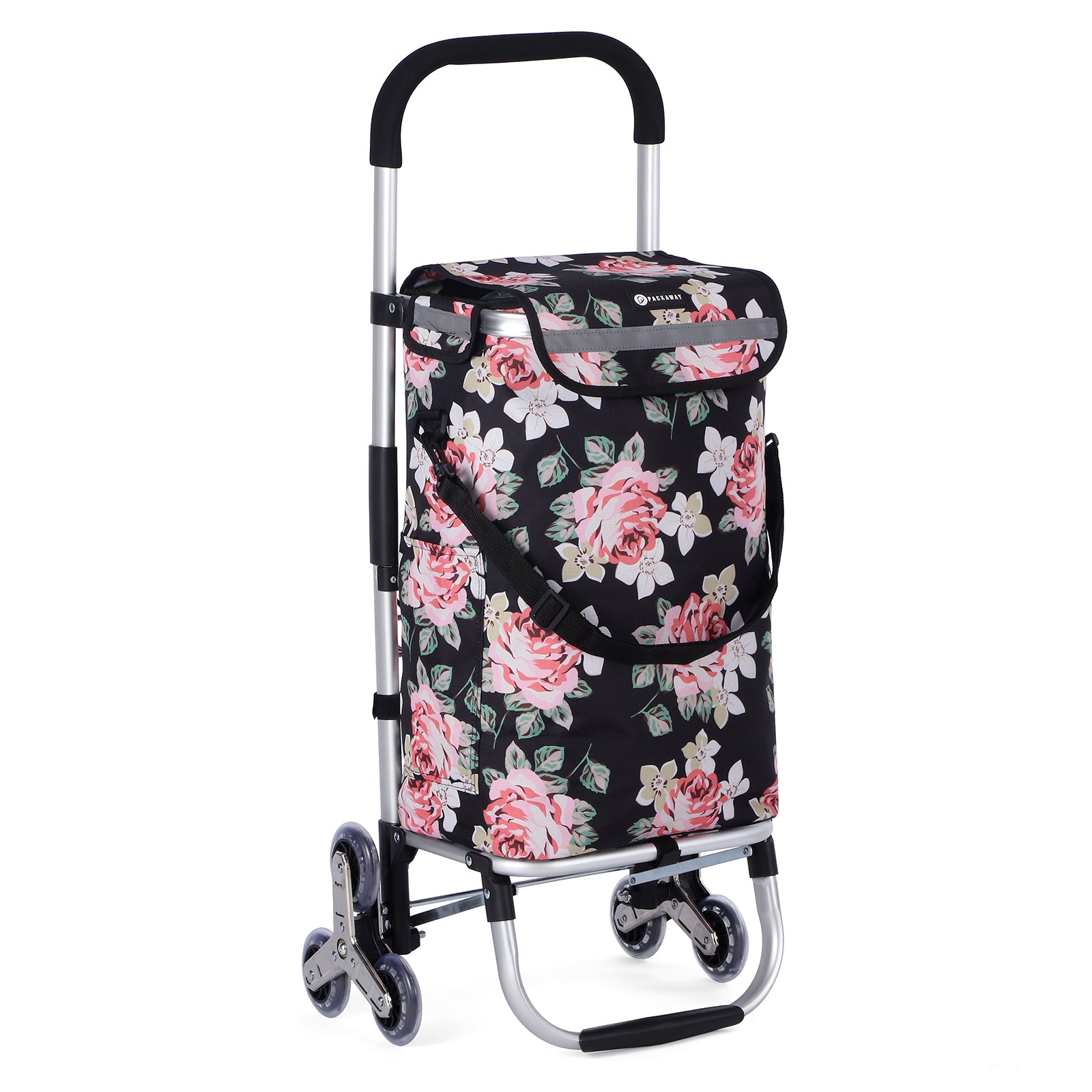 Packaway Boodschappentrolley met Trapwielen 40 Liter - Opvouwbare Boodschappenwagen met ruim Koelvak - Black Flower