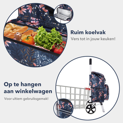 Packaway Boodschappentrolley 45L met Koelvak - Boodschappenwagen met Grote Wielen - Steekwagenfunctie - Waterafstotend - Japanese Flower