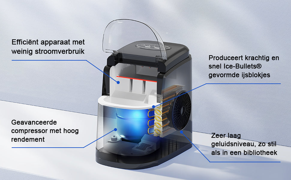 Bardi Deluxe IJsblokjesmachine 1,6L zwart-RVS - Zelfreinigingsfunctie - ijsblokmaker met ijsschep - Incl. luxe thermosbeker en ijsschep