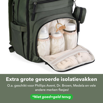 Premium luiertas groen - uitgebreide en functionele verzorgingstas - met buggymontage - anti diefstal vakken - reistrolley sleeve - incl. verschoonmatje en speenhouder - levenslange garantie