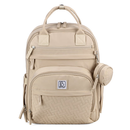Brisby Premium Luiertas – Uitgebreide en Functionele Verzorgingstas – met buggymontage – Anti Diefstal Vakken - Reistrolley Sleeve - Inclusief verschoonmatje t.w.v.15,99 euro en speenhouder - Levenslange Garantie - Natural Champagne