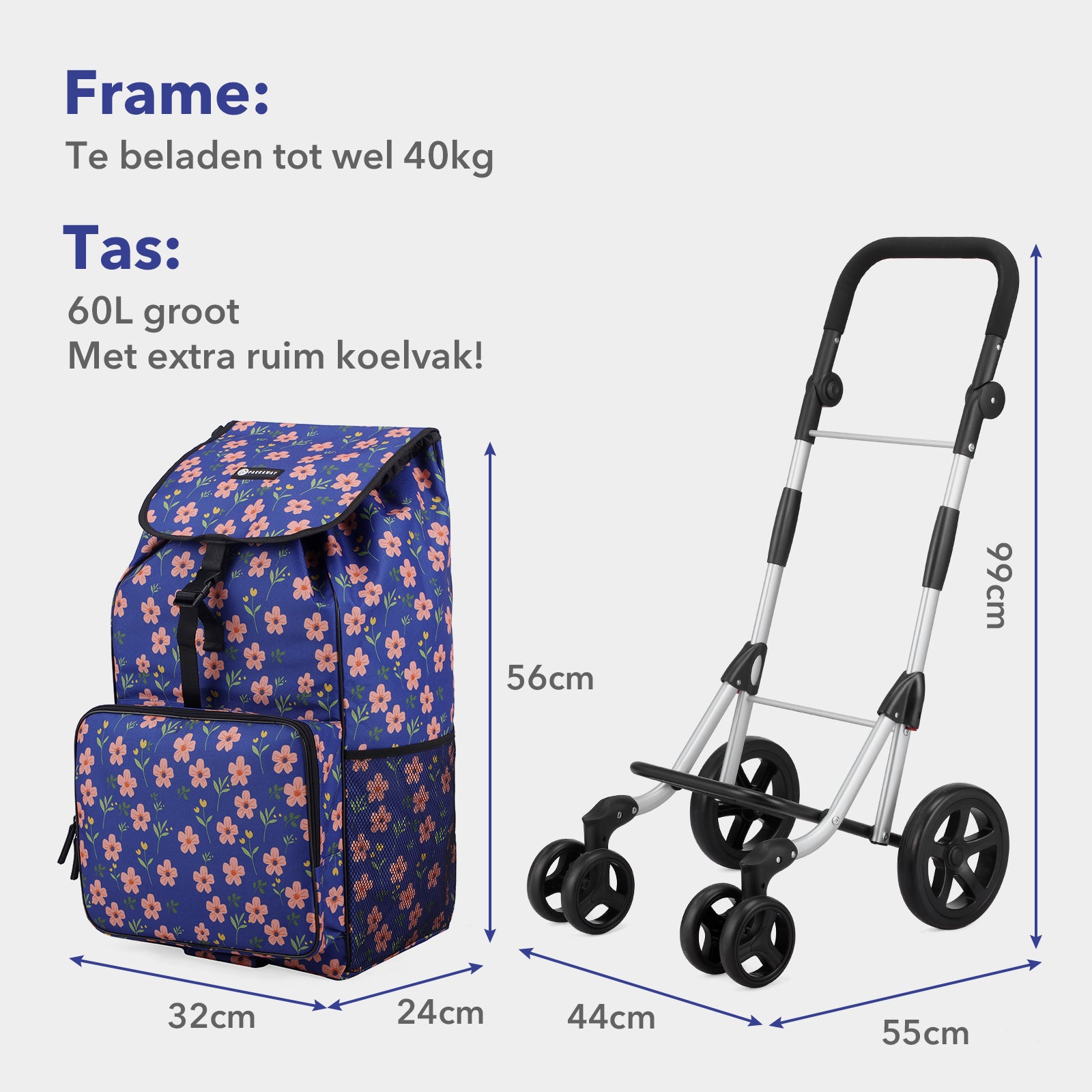Packaway Boodschappentrolley met 4 wielen - boodschappenwagen deluxe met koelvak en verstelbaar handvat – 60 liter – Blue Blossom