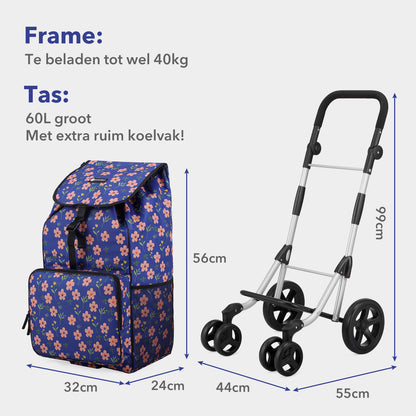 Packaway Boodschappentrolley met 4 wielen - boodschappenwagen deluxe met koelvak en verstelbaar handvat – 60 liter – Blue Blossom