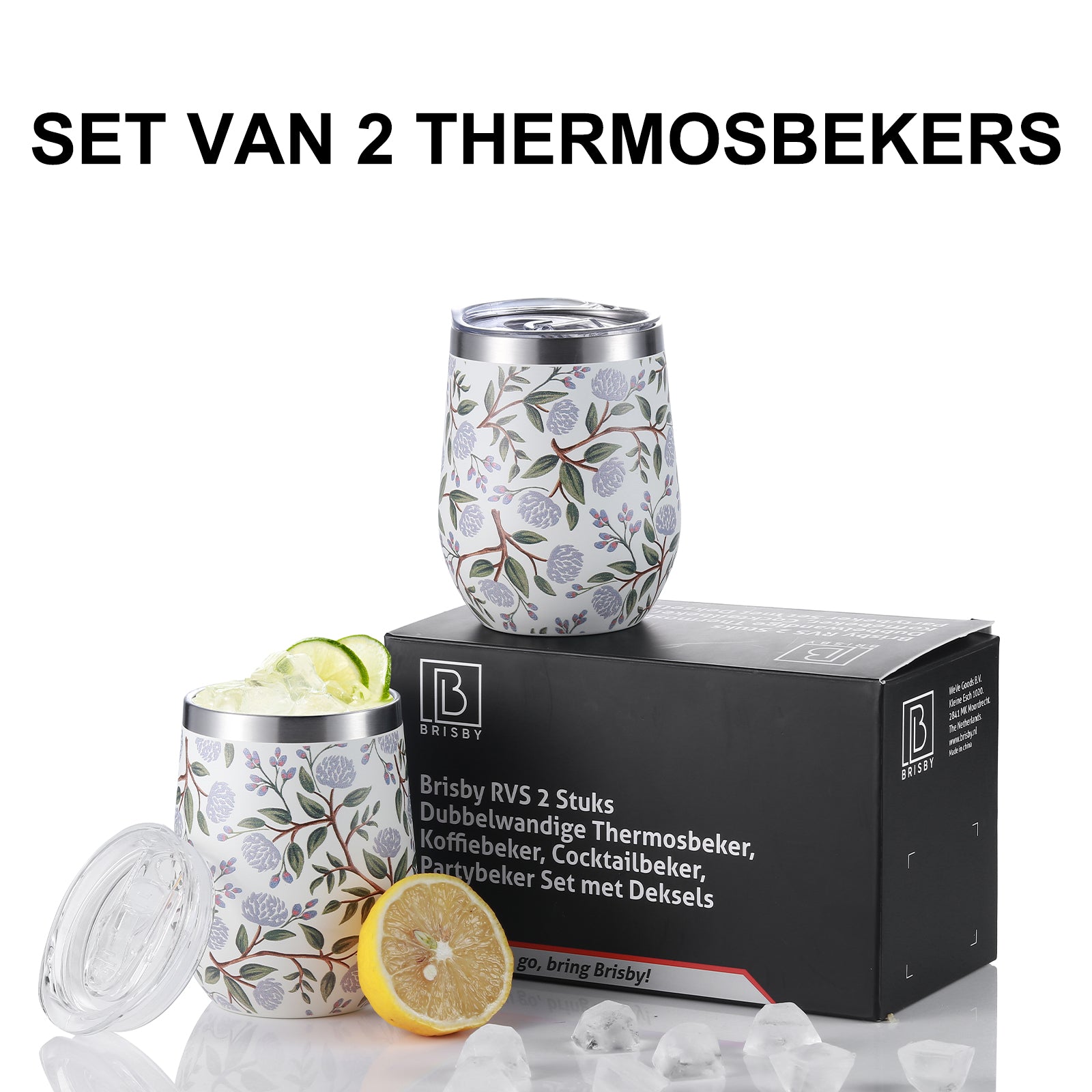 Thermosbeker set white flower - 2 bekers met lekvrije deksels - dubbelwandig - 360ml