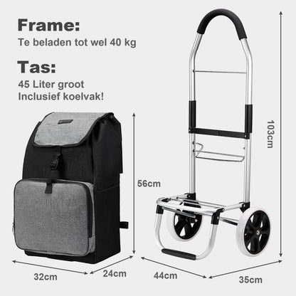 Boodschappentrolley 45L zwart en grijs - winkelwagen ophanging - opvouwbaar - telescopisch handvat