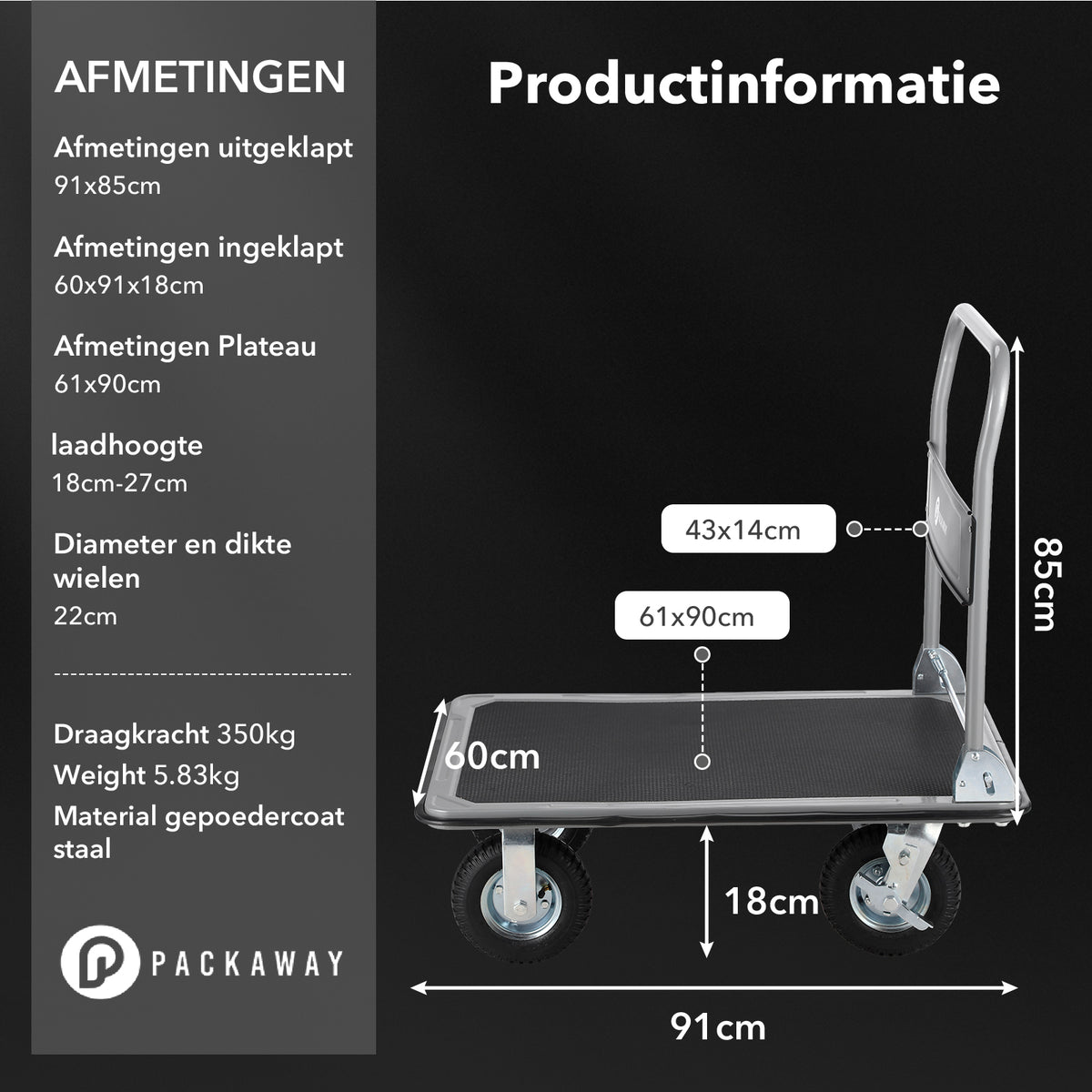 Packaway Professionele Opvouwbare Transportwagen 350 kg – Transportkar met Rubberen Luchtbanden – Rem – Antislip Laadplateau
