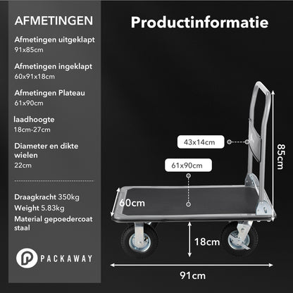 Packaway Professionele Opvouwbare Transportwagen 350 kg – Transportkar met Rubberen Luchtbanden – Rem – Antislip Laadplateau