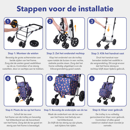 Packaway Boodschappentrolley met 4 wielen - boodschappenwagen deluxe met koelvak en verstelbaar handvat – 60 liter – Blue Blossom