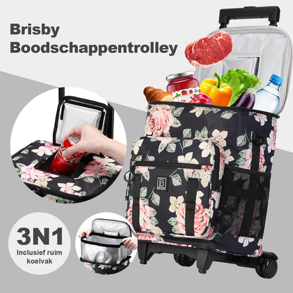 Brisby Boodschappentrolley met Koelvak – 32L Ruimte – Ideaal voor Boodschappen – Inclusief Koelelementen – Waterafstotend – Verstelbaar Handvat – Dark Flower