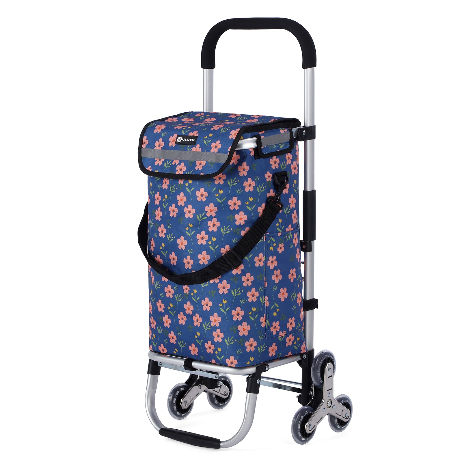 Packaway Boodschappentrolley met Trapwielen 40 Liter - Opvouwbare Boodschappenwagen met ruim Koelvak - Blue Blossom