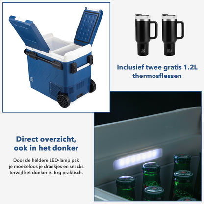Brisby Compressor koelbox 58,1L blauw + 8L koelbox blauw set - incl. 2x 1,2L thermosbeker