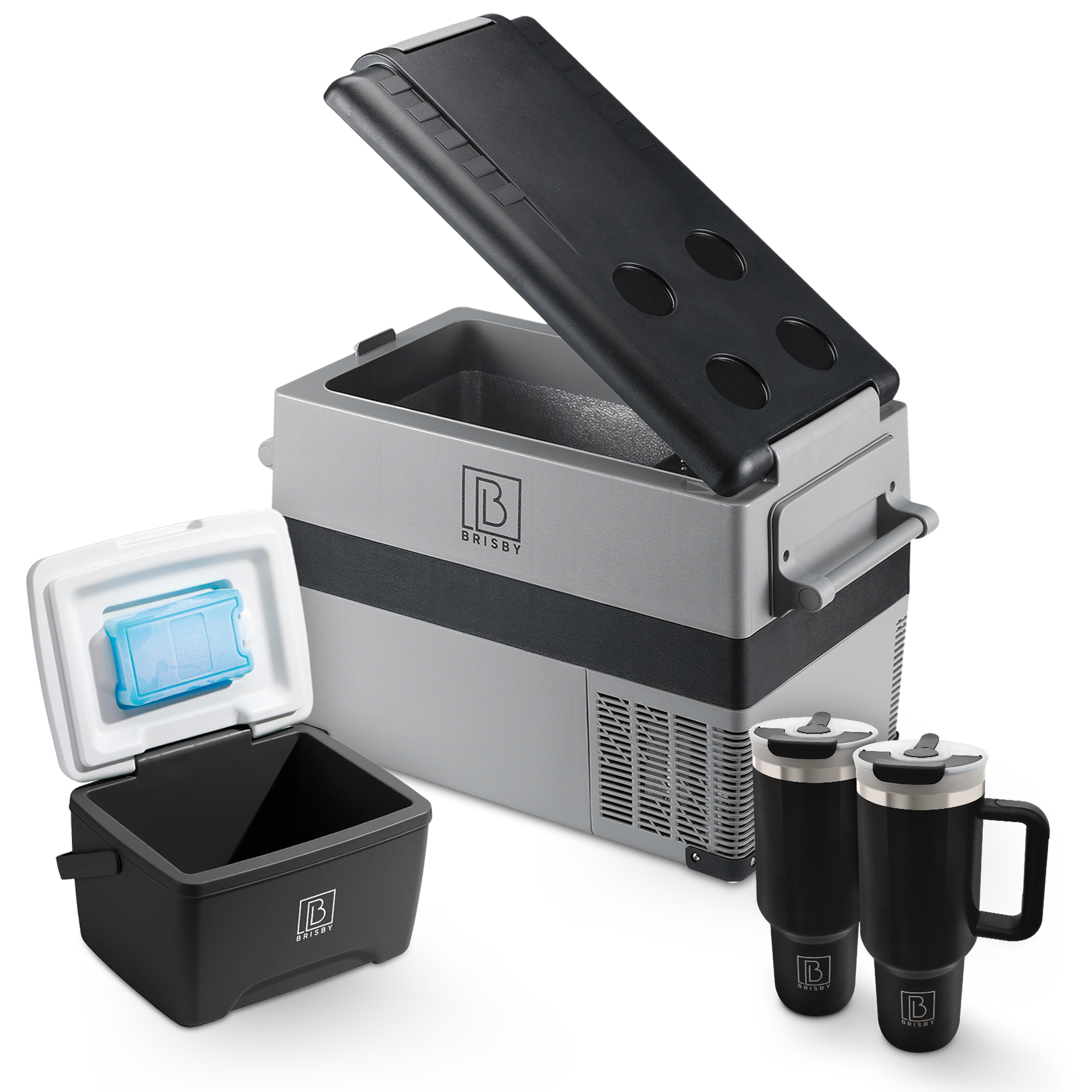 Brisby Compressor koelbox 40,5L grijs + 8L koelbox set - incl. 2x 1,2L thermosbeker