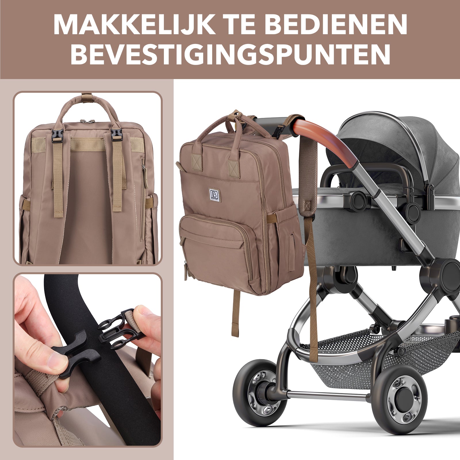 Brisby slijtvaste Luiertas – verzorgingstas – met buggymontage - Rose Gold