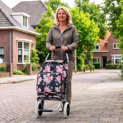 Packaway Boodschappentrolley 45L met Koelvak - Boodschappenwagen met Grote Wielen - Steekwagenfunctie - Waterafstotend - Black Flower