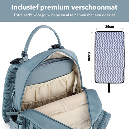 Brisby Premium Luiertas – Uitgebreide en Functionele Verzorgingstas – met buggymontage – Anti Diefstal Vakken - Reistrolley Sleeve - Inclusief verschoonmatje t.w.v.15,99 euro en speenhouder - Levenslange Garantie - Misty Blue