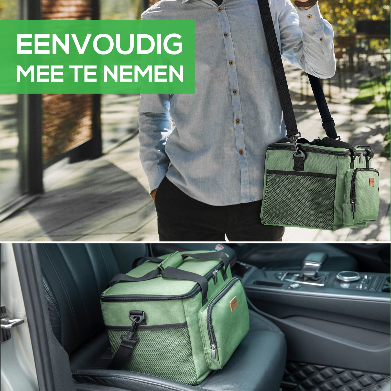 Koeltas 15L groen - lunchtas - 4-laags geïsoleerd - opvouwbaar - incl. 2 gratis koelelementen en draagband