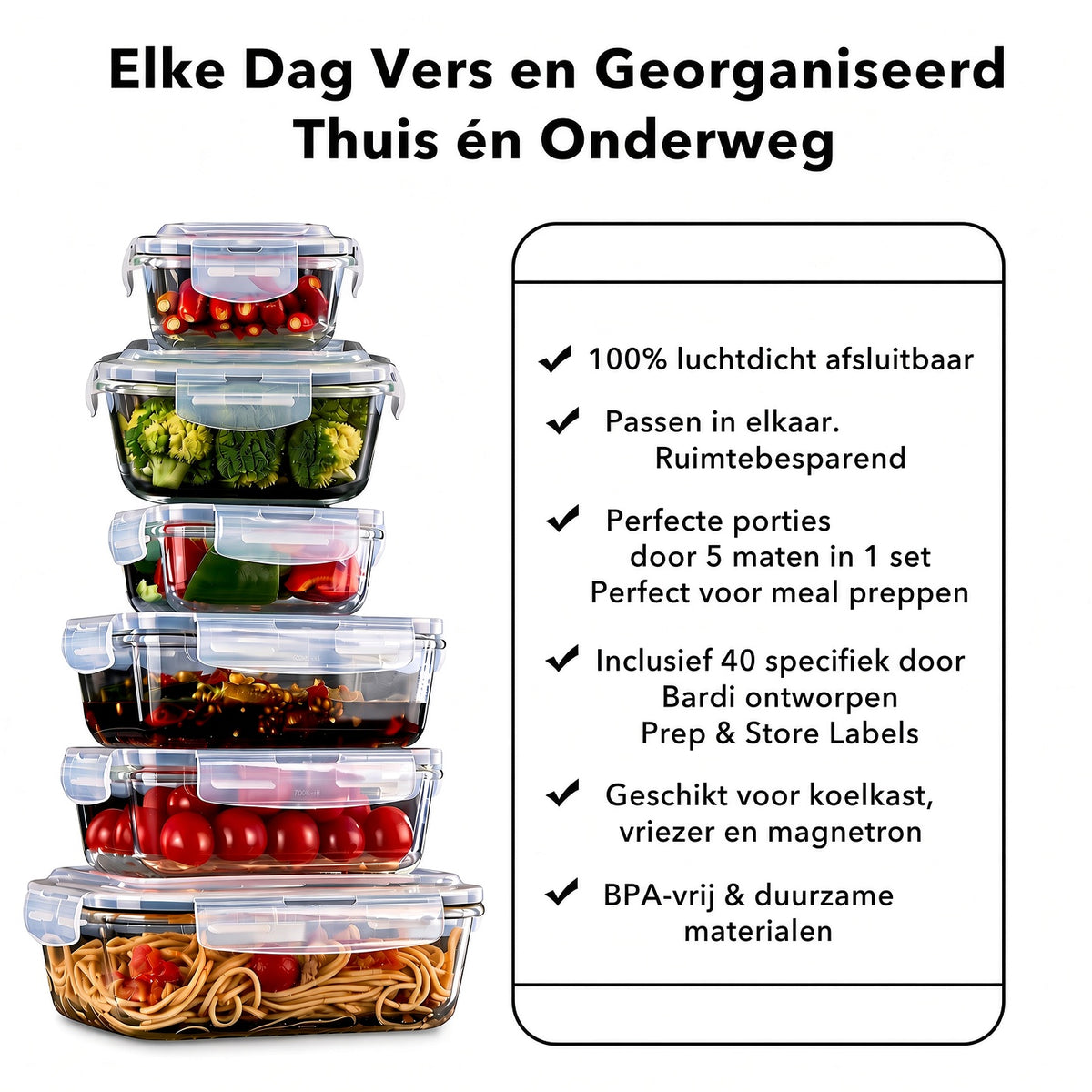Bardi Glazen Vershoudbakjes 9-delig – Meal Prep Bakjes – Luchtdicht & Lekvrij – Oven, Magnetron & Vriezer – 9 Wondersponzen + 40 Prep & Store Labels