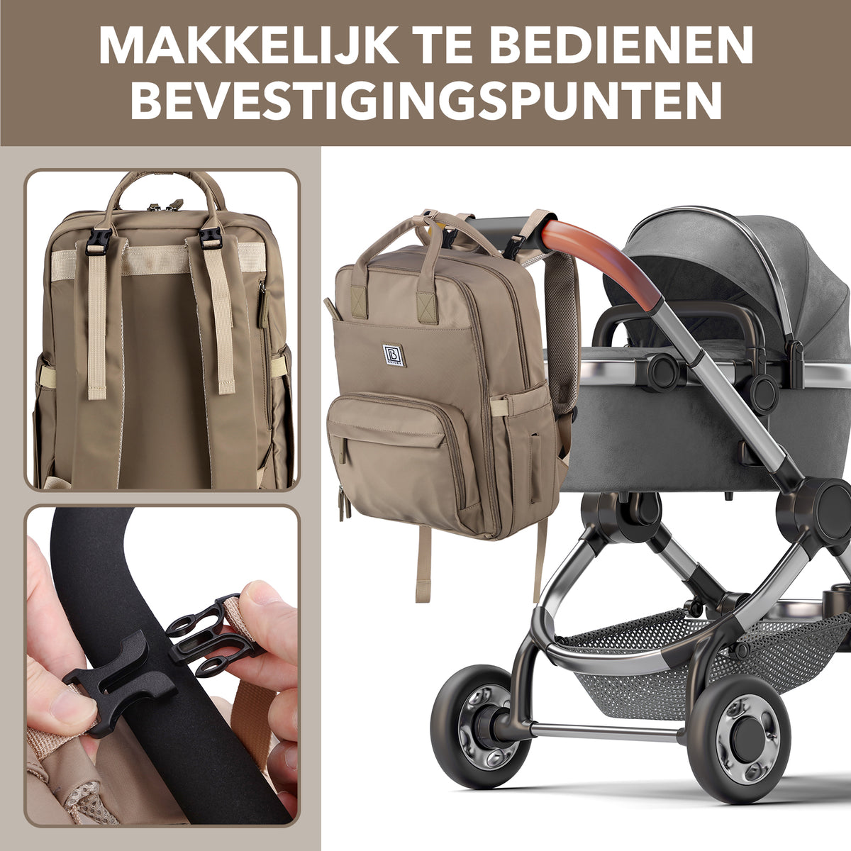 Brisby slijtvaste Luiertas – verzorgingstas – met buggymontage - Natural Greige